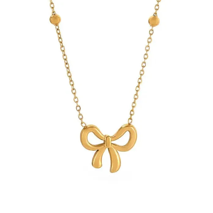 Gold Bowknot Pendant Necklace for Women Beaded Chain Fashion Jewelry