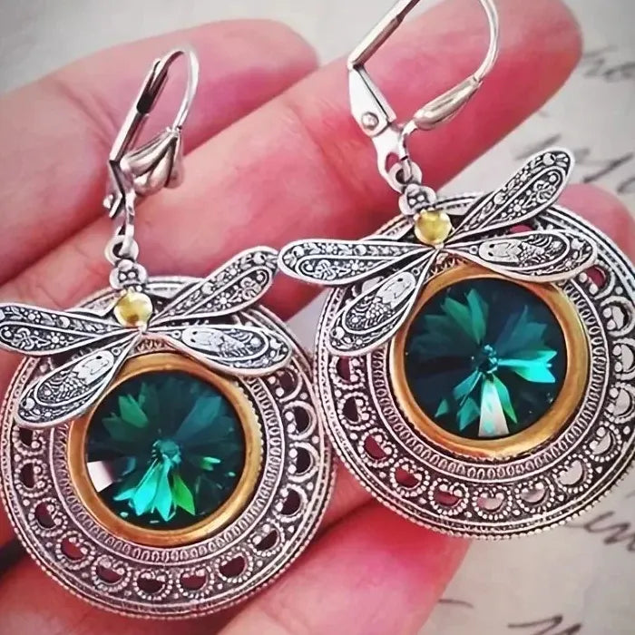 Green Crystal Dragonfly Drop Earrings Zinc Alloy Women’s Party Jewelry