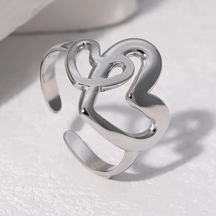 Adjustable Stainless Steel Open Heart Ring for Women Men Romantic Gift Jewelry