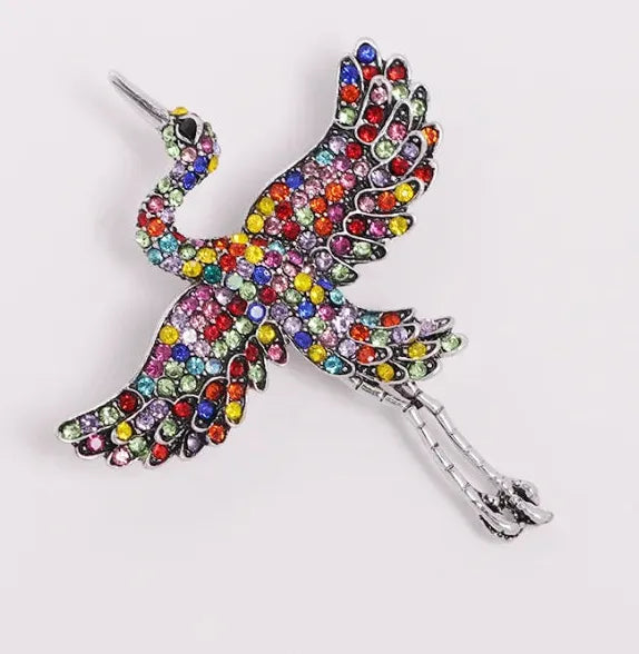 Heron Crane Bird Brooch for Women Green Rhinestone Animal Pin Jewelry