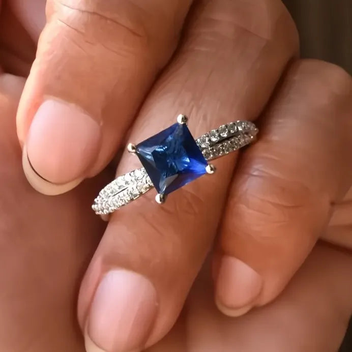 Princess Blue Cubic Zirconia Brass Wedding Band Ring for Women Elegant Jewelry