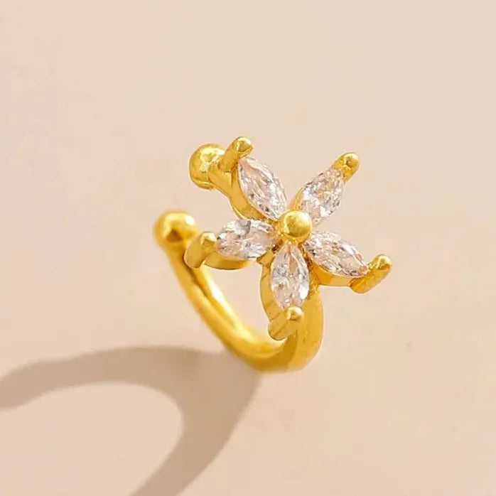 Sparkling Zircon Flower Clip Earrings Women Geometric C-Shaped No Piercing Jewelry