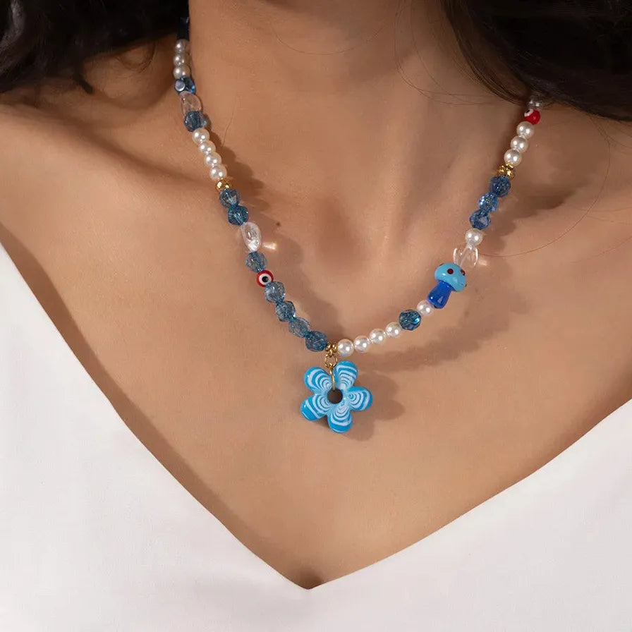 Handmade Summer Multicolor Flower Pearl Beaded Choker Necklace Elegant
