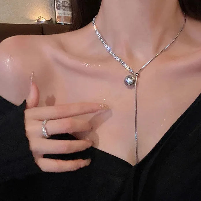 Adjustable Y2K Copper Chain Necklace with Snake Bone Tassel and Pearls