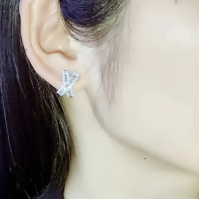 X Shaped Copper Alloy Stud Earrings with White Cubic Zirconia for Wedding