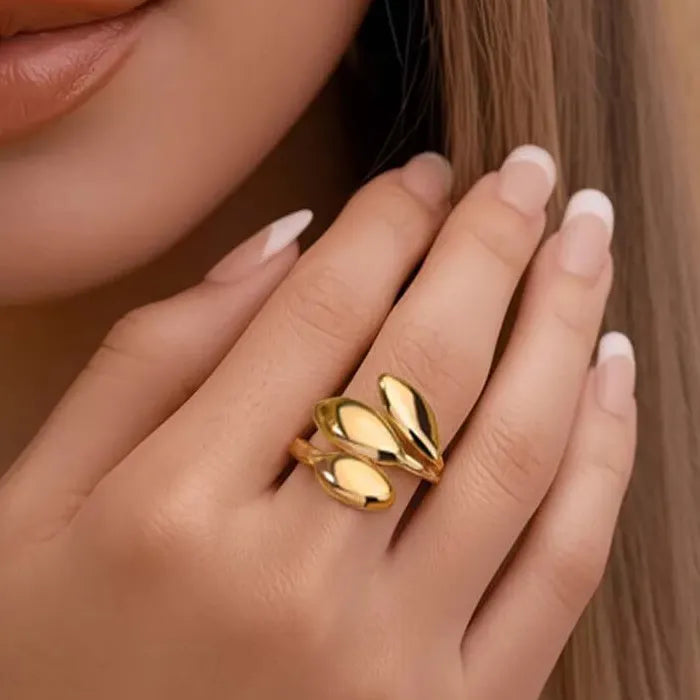 Adjustable Gold Color Stainless Steel Leaf Ring for Women Nature Jewelry
