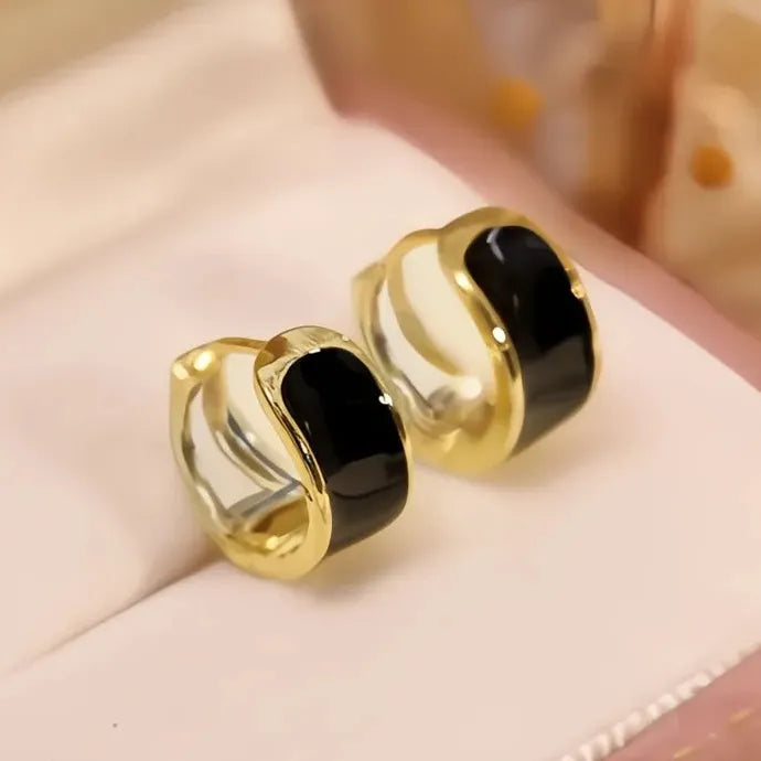 Black Enamel Gold Geometric Hoop Earrings Brass Epoxy Luxury Gift Women