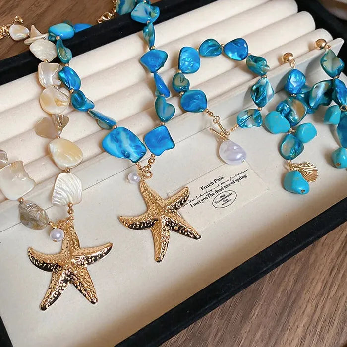 Natural Sea Star Shell Jewelry Set Necklace Earrings Bracelet Gift