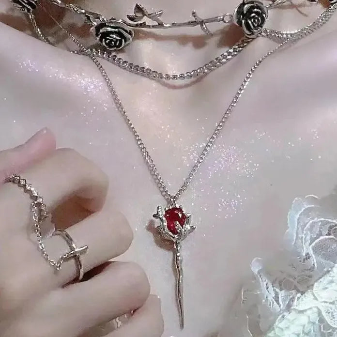 Romantic Gothic Rose Clavicle Chain Necklace Adjustable Plant Pendant Choker for Women