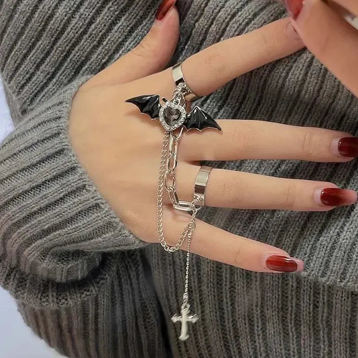 Gothic Black Bat Wing Cross Crystal Double Finger Ring for Men Women Jewelry