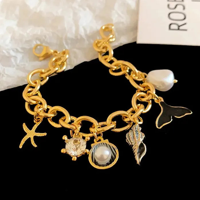 Drop Oil Fish Tail Conch Pearl Copper Alloy Chain Bracelet for Men & Women