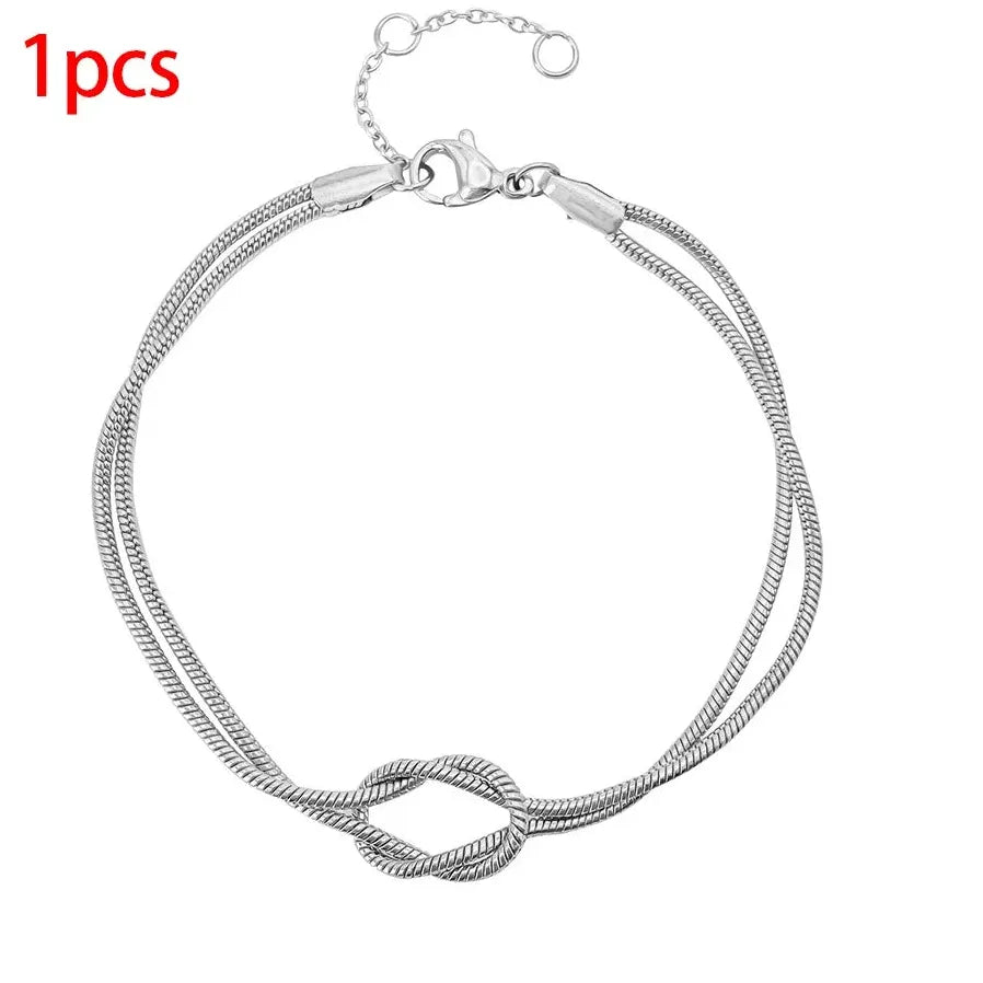 Gold & Silver Thin Snake Chain Couple Bracelet Stainless Steel Knot Unisex Bangle
