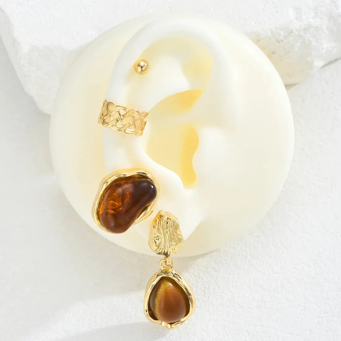 4Pc Vintage Brown Tiger Eye Stone C-Shaped Metal Ear Clip Earrings Set