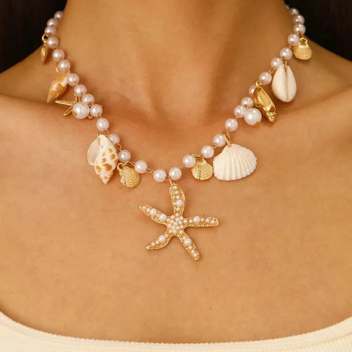Bohemian Starfish Conch Pearl Necklace with Zinc Alloy Shell Pendant