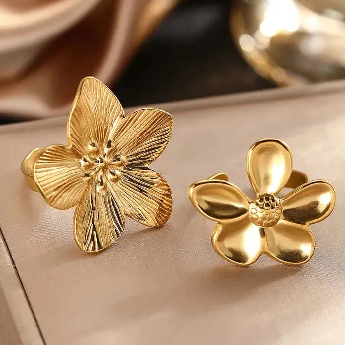 Adjustable Stainless Steel Flower Rings Set for Women Gold Tone Jewelry