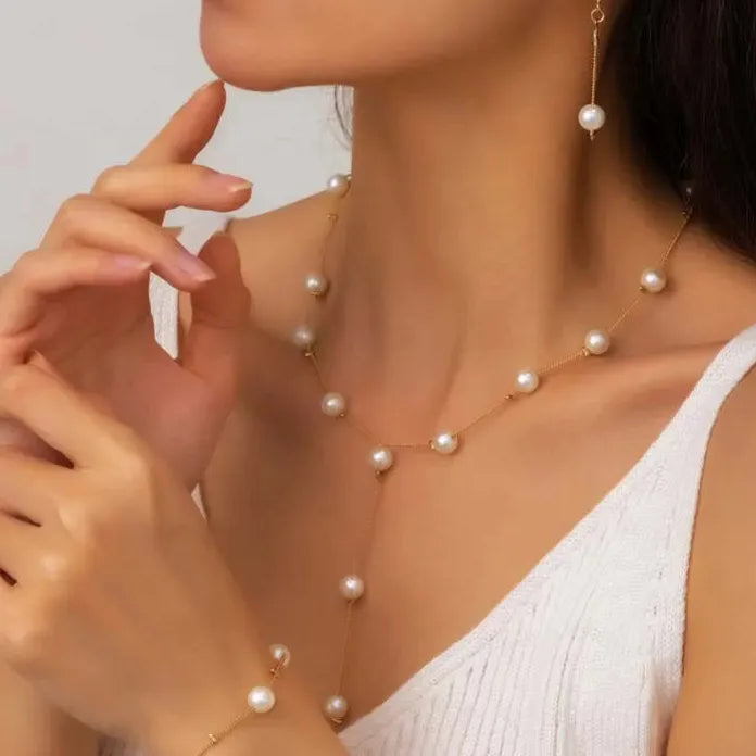 3Pcs Korean Gold Pearl Choker Necklace Earrings Set Fashion Jewelry