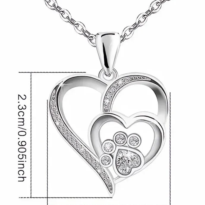 Double Heart Pendant Necklace with Paw Print CZ Copper Alloy Jewelry for Women