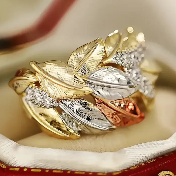 Three-Tone Leaf Cubic Zirconia Wedding Band Ring for Women Brass Jewelry