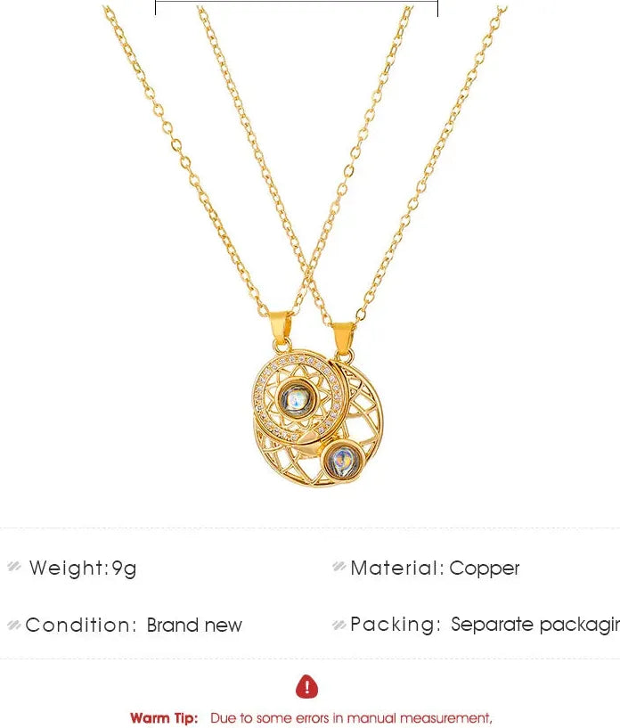 2Pcs Magnetic Couple Necklace Sun Moon Heart I Love You Gift Zinc Alloy