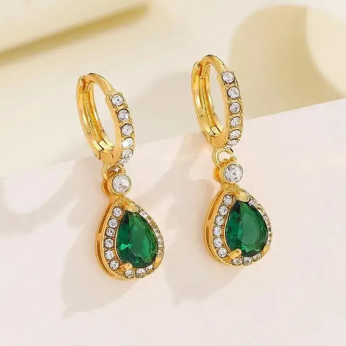Gold Inlaid Green Water Droplet Zircon Pendant Drop Earrings for Girls Jewelry Gift