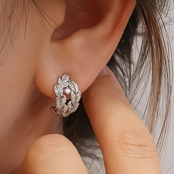 Geometric Silver Leaf Hoop Earrings with Cubic Zirconia Wedding Jewelry