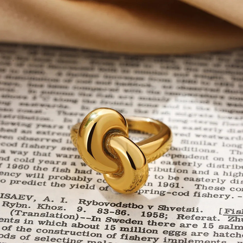 Vintage Geometric Knot Gold Plated Stainless Steel Ring Chunky Dome Jewelry Gift