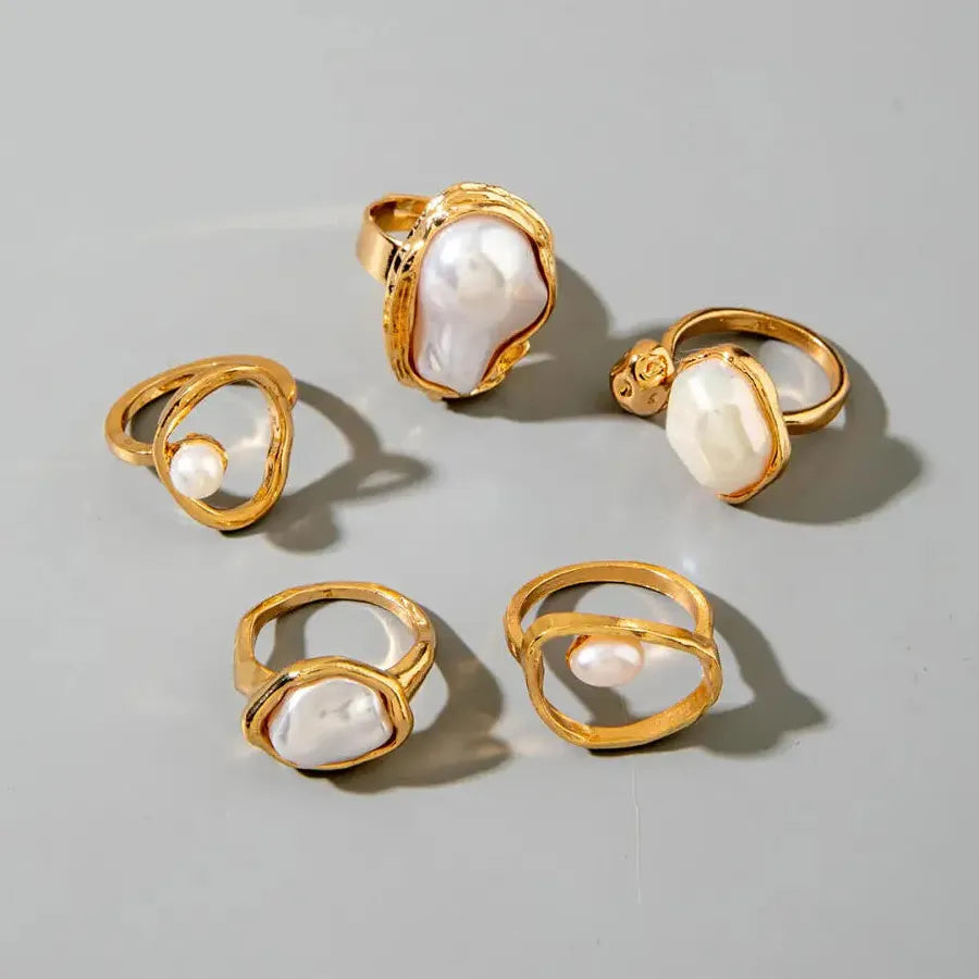 5Pcs Retro Baroque Pearl Asymmetric Geometric Gold Rings Set for Women Jewelry
