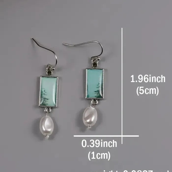 Vintage Geometric Resin Drop Earrings Antique Silver Pearl Pendant Gift