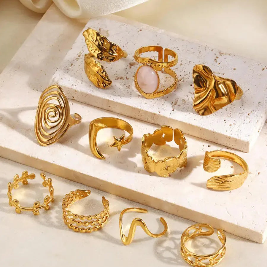 Butterfly Leaf Heart-Shaped 18K Gold Stainless Steel Ring Waterproof Gift Jewelry