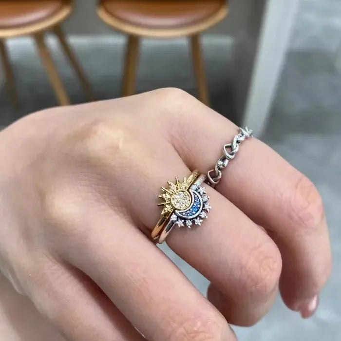 Adjustable 2pc Sun Moon Star Couple Rings for Women Romantic Gift Jewelry