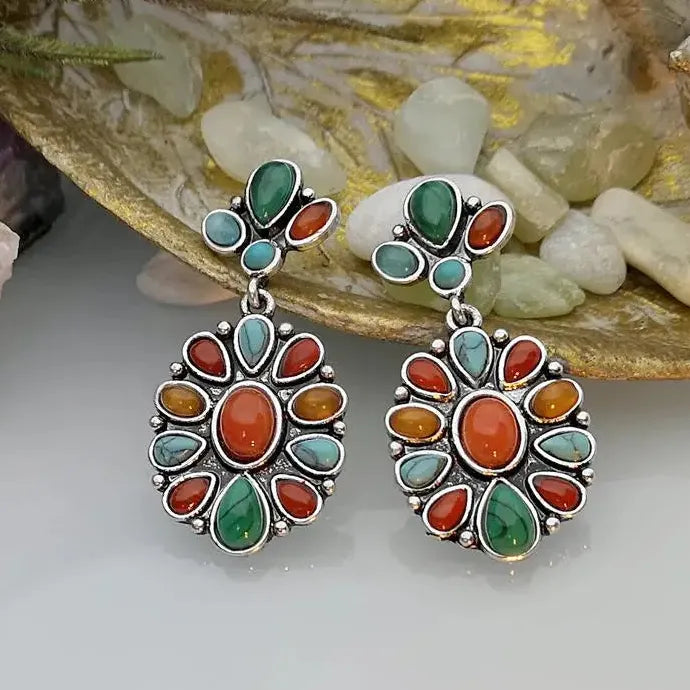 Vintage Colored Gemstone Drop Earrings Zinc Alloy Luxury Wedding Jewelry Gift