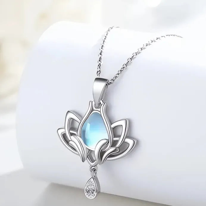 Lotus Pendant Necklace with Imitation Moonstone and Cubic Zirconia Charm