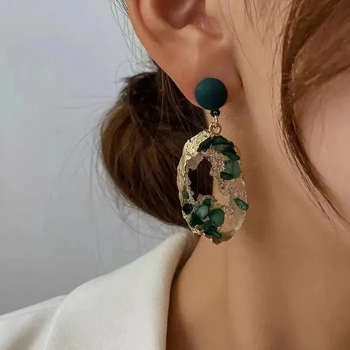 Vintage Emerald Irregular Drop Earrings for Women 2024 Copper Alloy Jewelry Chic
