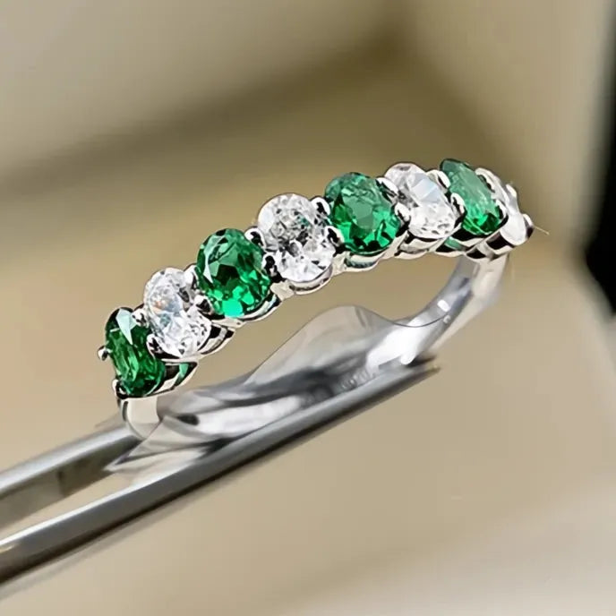 Women’s Silver Color Brass Wedding Band Ring with Green White Cubic Zirconia Geometric Design