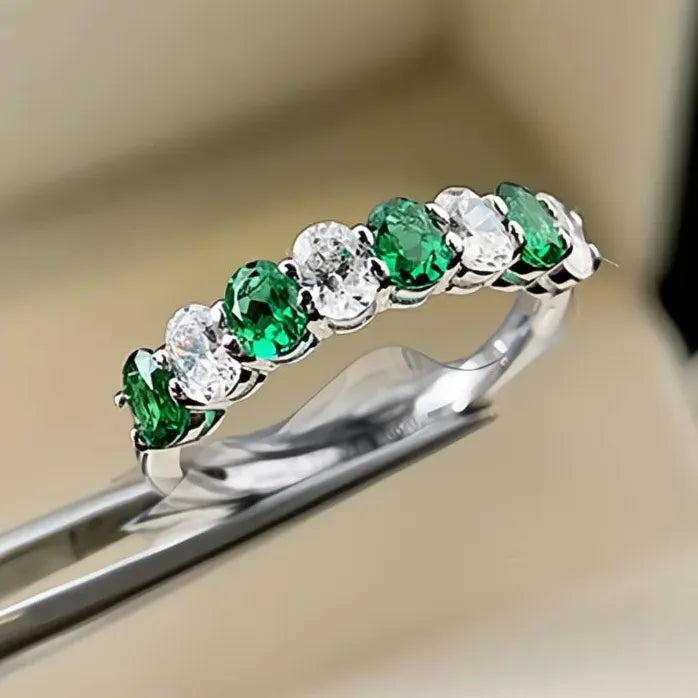Silver Tone Green White Cubic Zirconia Wedding Band Ring for Women