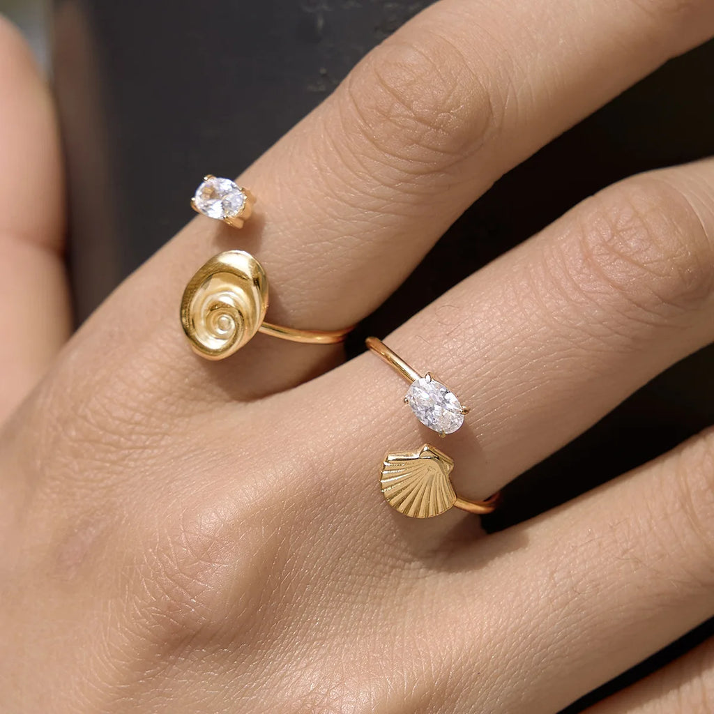18K Gold Plated Stainless Steel Seashell Scallop Ring Adjustable Zircon Wedding Jewelry