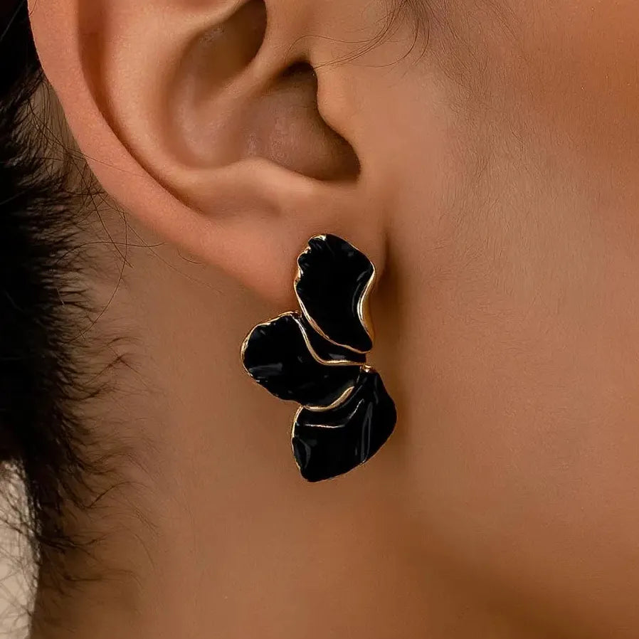 Vintage Black Enamel Flower Leaf Stud Earrings for Women Nature Jewelry