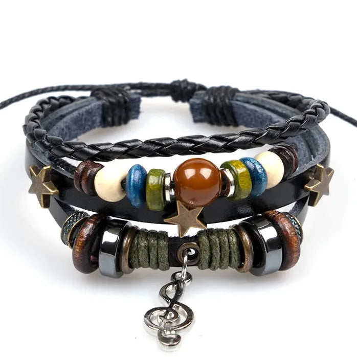 Handmade Brown Leather Hippie Bracelet Women Metal Star Note Charms Wrap Adjustable Boho