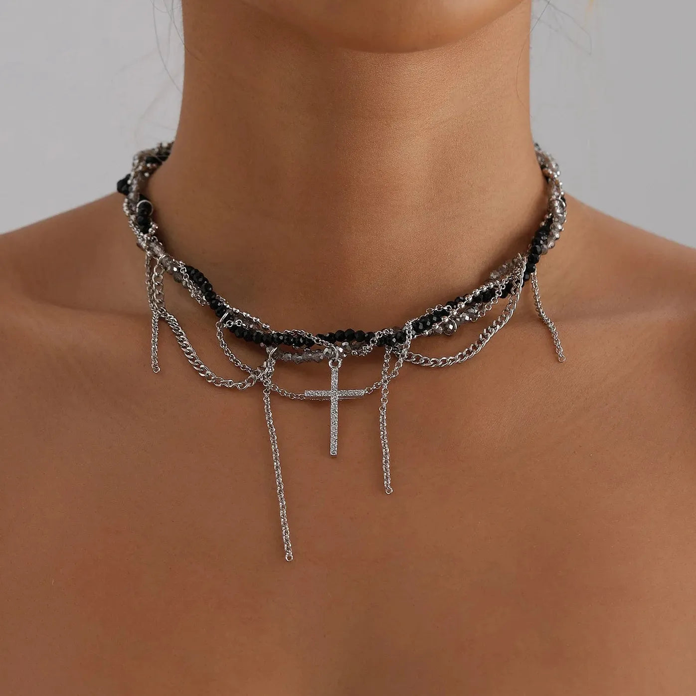 Punk Imitation Pearl Bowknot Hiphop Metal Bead Tassel Necklace Unisex