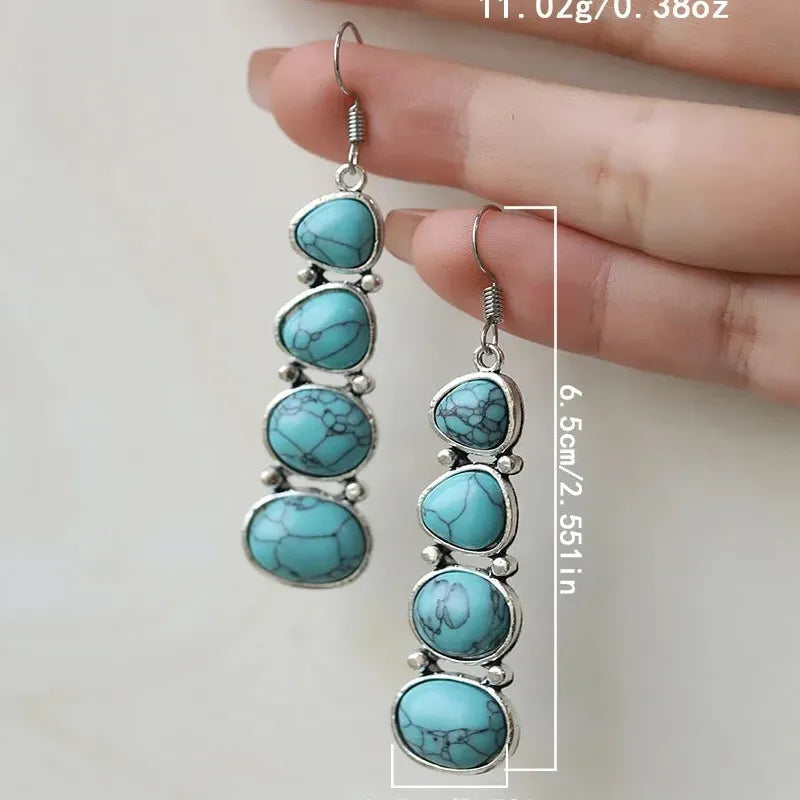 Bohemian Ethnic Oval Red Stone Drop Earrings for Women Zinc Alloy Silver Tone