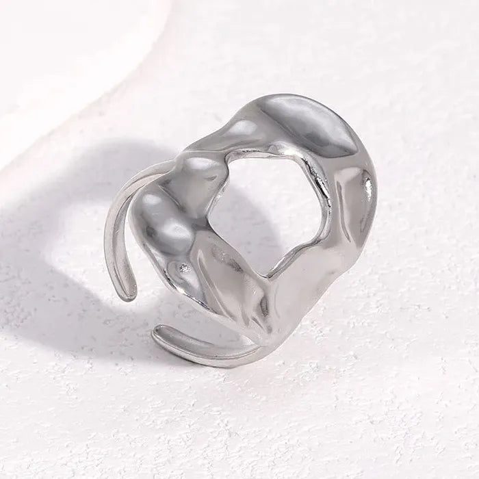 Gold Stainless Steel Irregular Hammered Open Ring Waterproof Gift for Women Men
