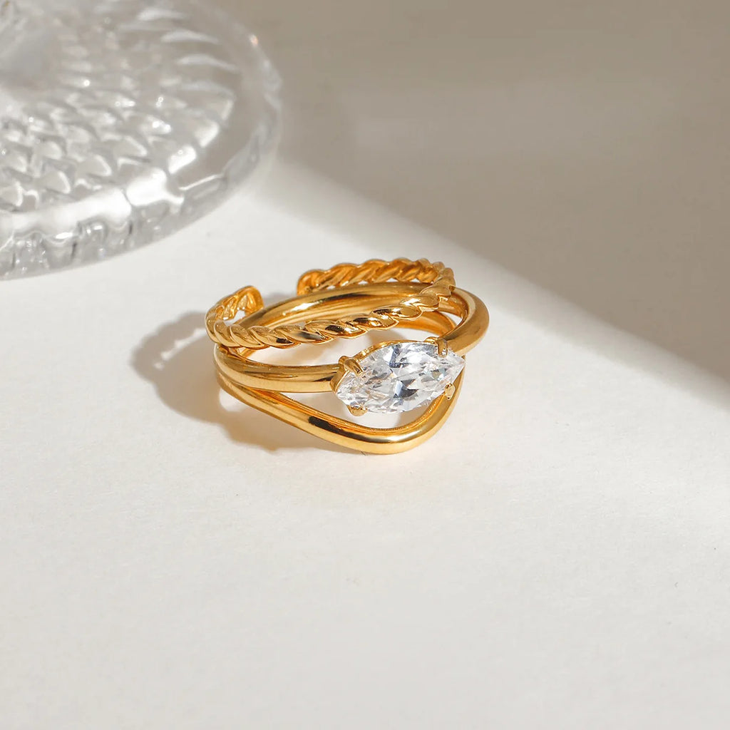 3pcs 18K Gold Plated Twisted Circle Zircon Rings Stainless Steel Bride Jewelry