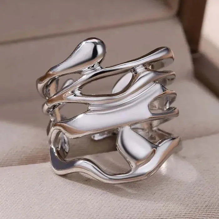 Adjustable Stainless Steel Skeleton Ring Gold Color Wide Band Women Men Jewelry