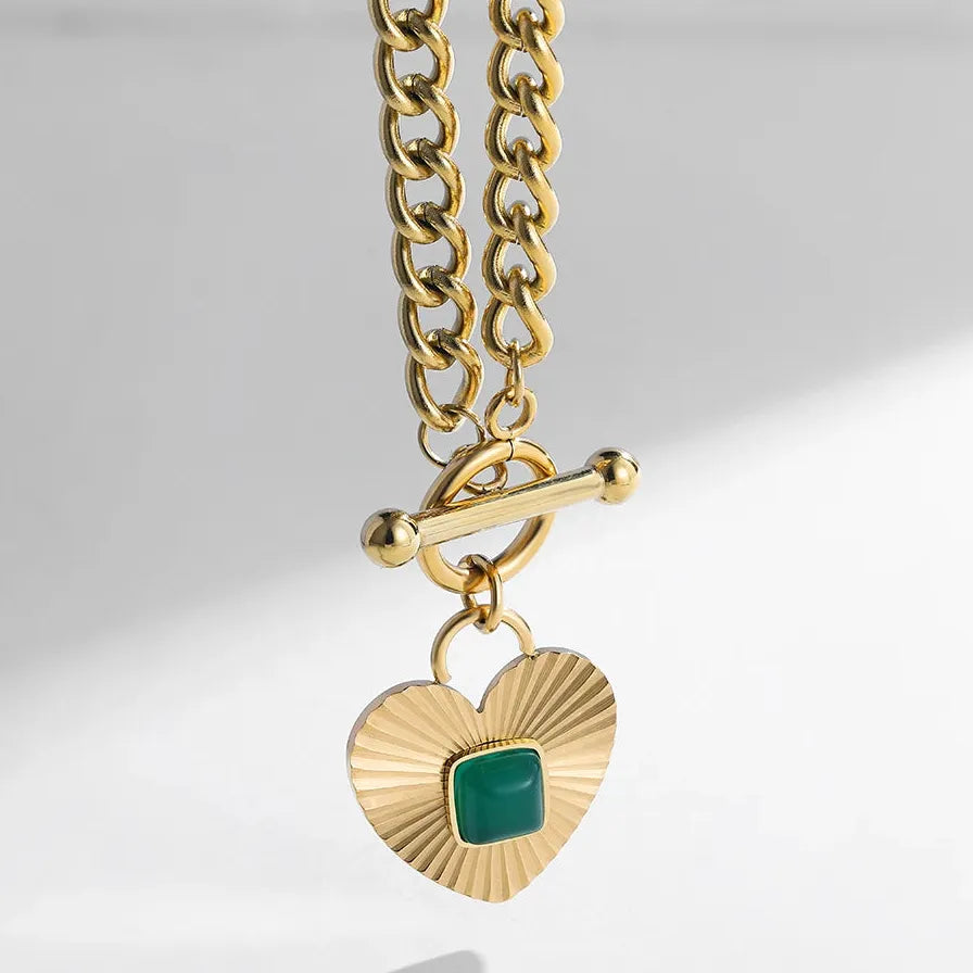 Vintage Green Crystal Heart Choker Necklace for Women Stainless Steel Chain