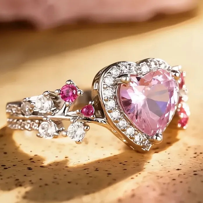 Heart Pink Cubic Zirconia Silver Wedding Ring for Women Engagement
