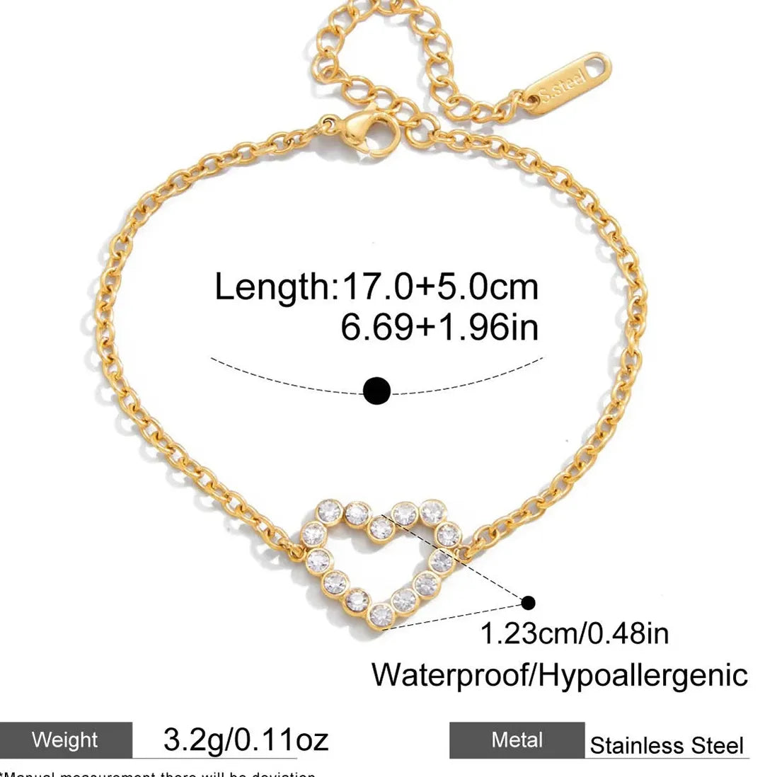 Charm Sparkling Mini Zircon Geometric Heart Tennis Bracelet Women Stainless Steel PVD Gold Plated