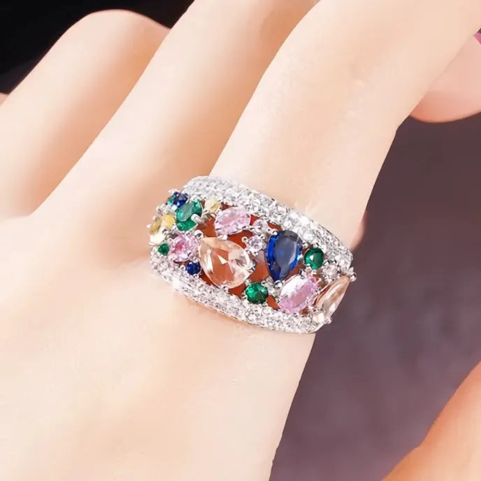 Rainbow Cubic Zirconia Brass Rings for Women Wedding Accessories Luxury Party Jewelry 2023