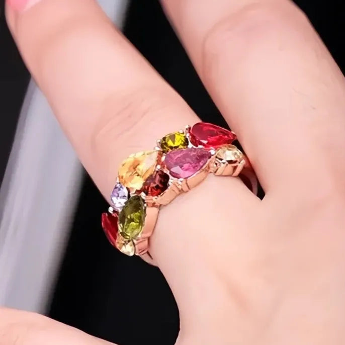 Rose Gold Brass Wedding Ring with Geometric Colorful Cubic Zirconia Design
