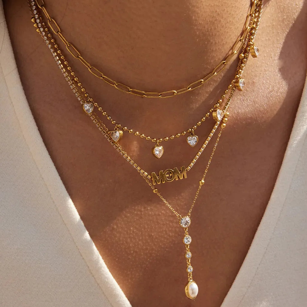 18K Gold Plated Stainless Steel Zircon MOM Tennis Chain Necklace Choker