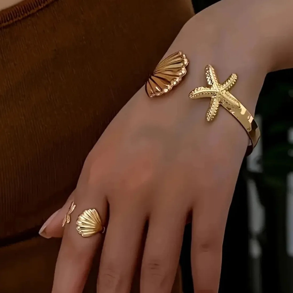 2PCS Vintage Leaf Bracelet & Adjustable Ring Set for Women Jewelry Gift